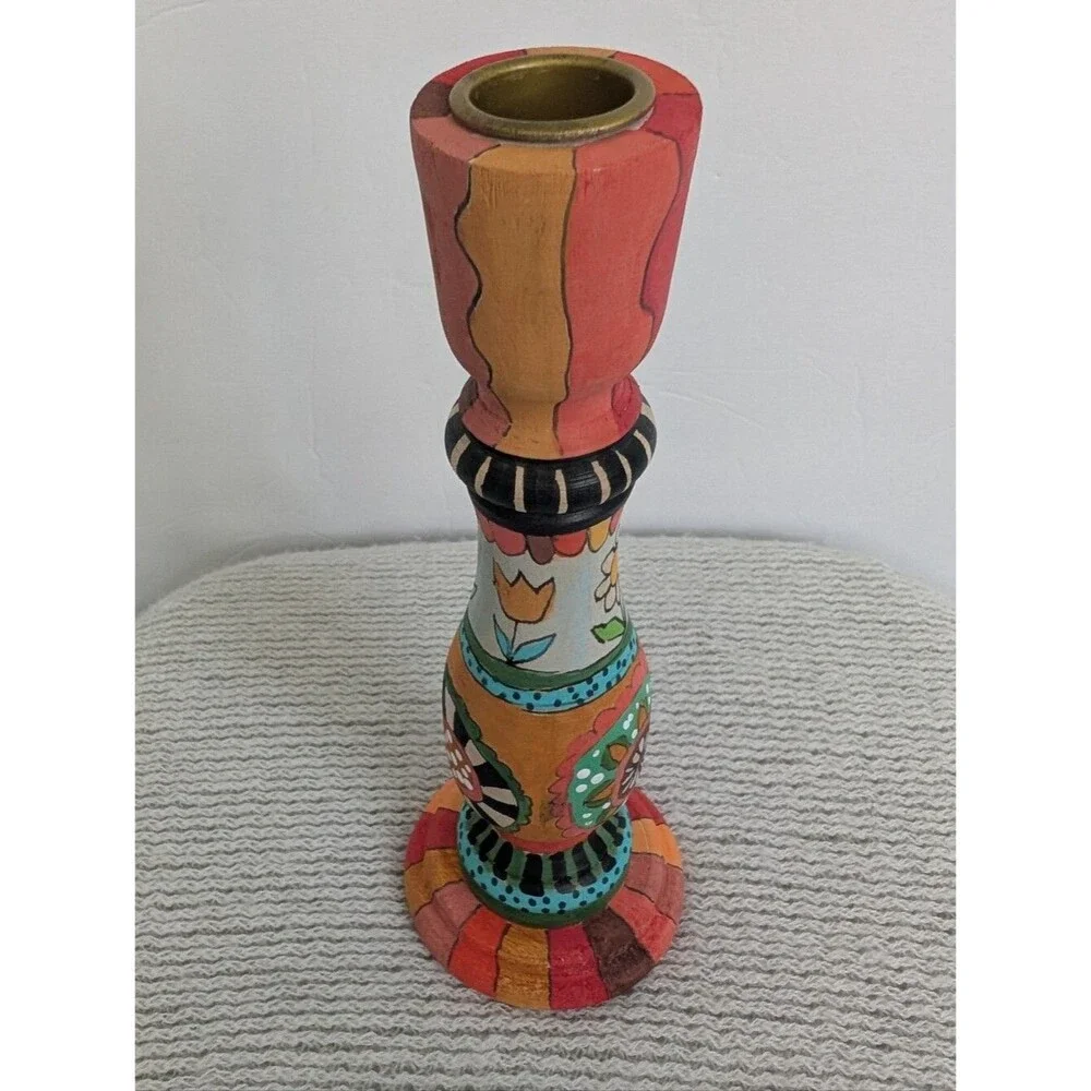 Hand-Painted Colorful Floral Wooden Candlestick